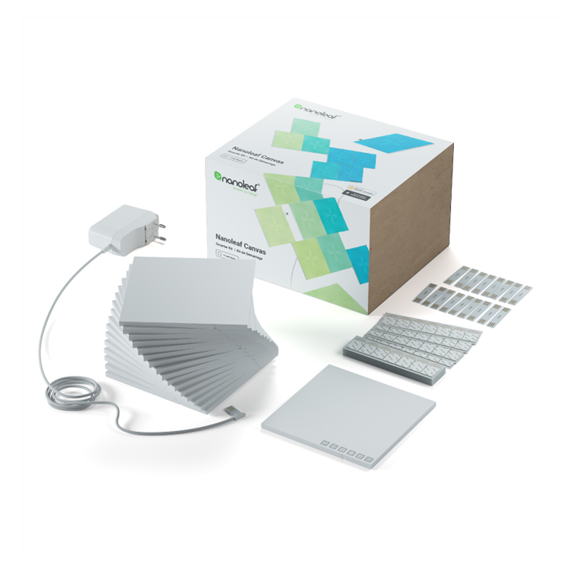 Nanoleaf Canvas color changing square smart modular light panels. 17 pack. Has expansion packs and flex linker accessories. Similar to Philips Hue, Lifx. HomeKit, Google Assistant, Amazon Alexa, IFTTT.
