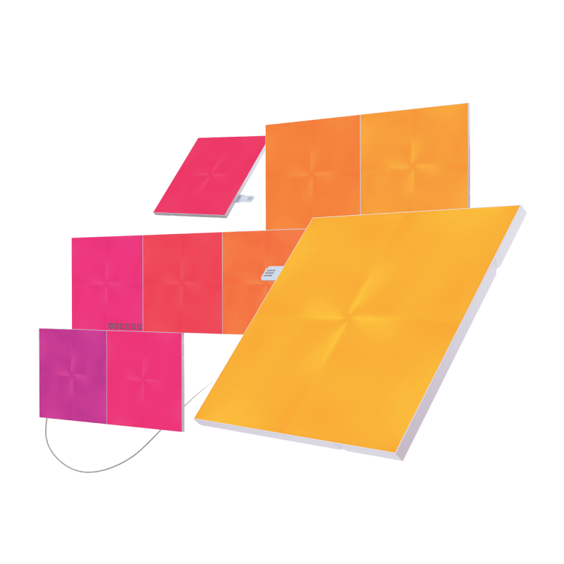 Nanoleaf Canvas color changing square smart modular light panels. 9 pack. Has expansion packs and flex linker accessories. Similar to Philips Hue, Lifx. HomeKit, Google Assistant, Amazon Alexa, IFTTT.