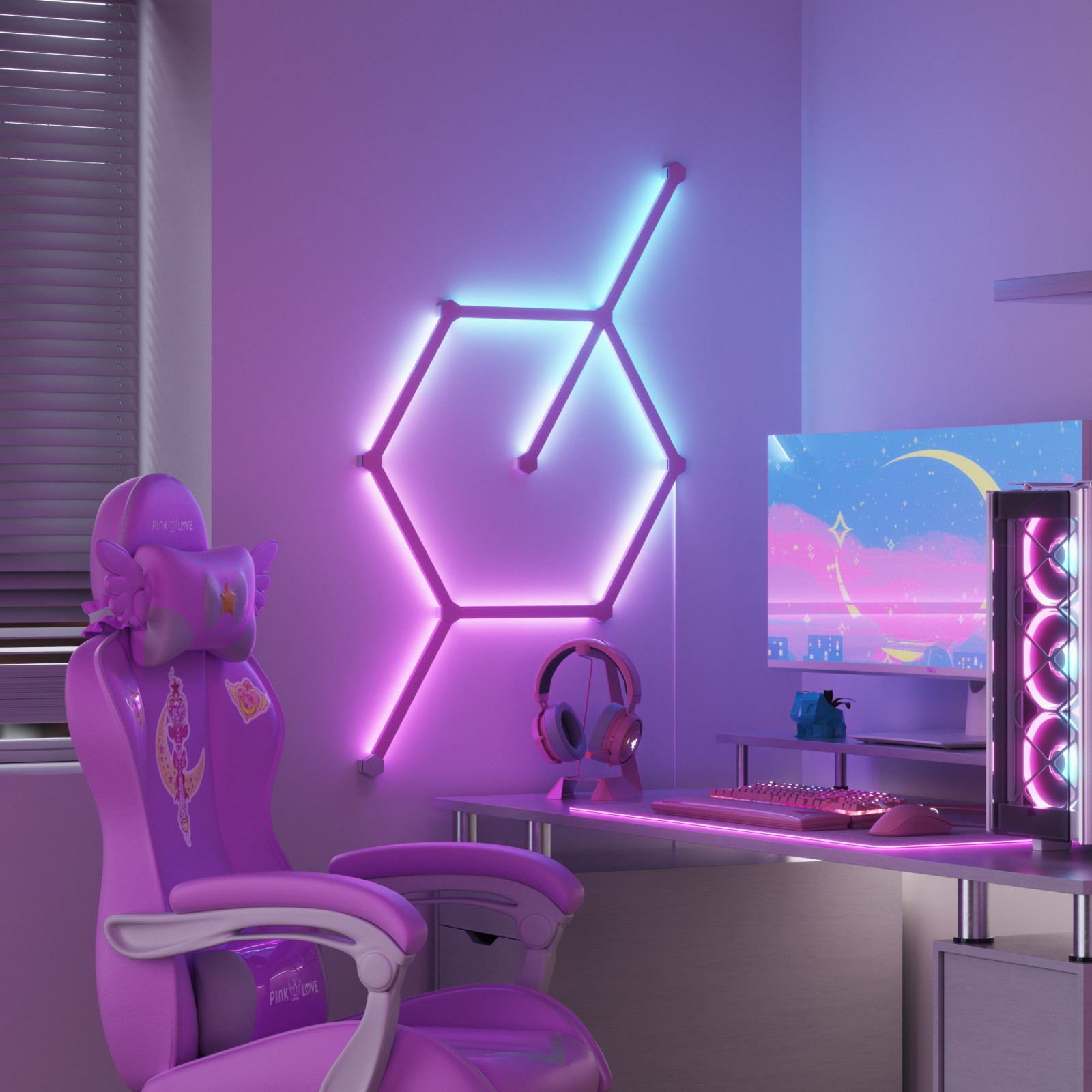Nanoleaf Pink Lines Thread enabled color changing smart modular backlit light lines. 9 pack. Has expansion pack, flex connector, and skins accessories. HomeKit, Google Assistant, Amazon Alexa, IFTTT.