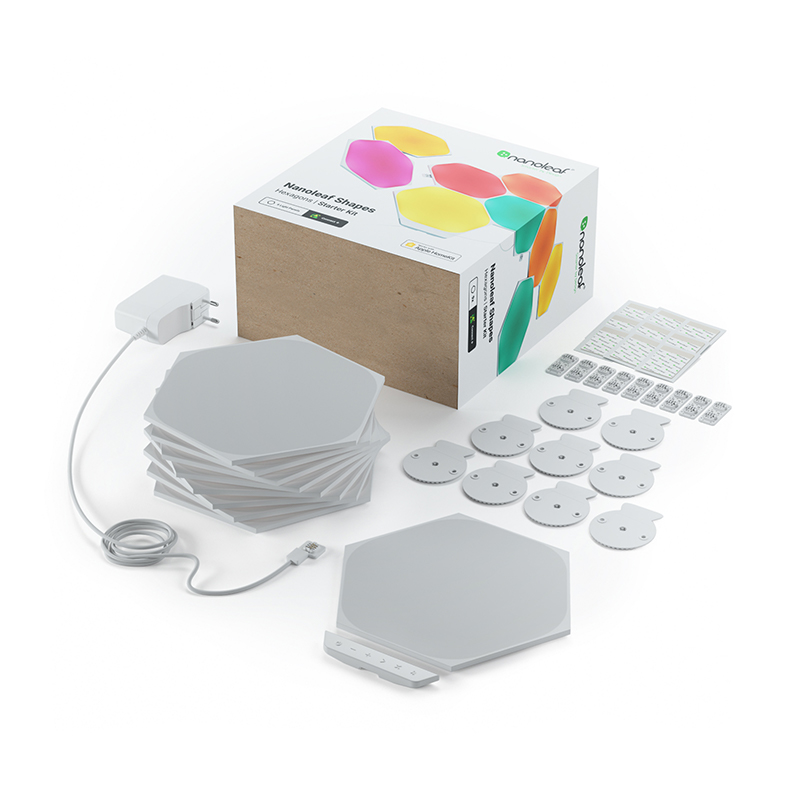 Nanoleaf Shapes Thread enabled color changing hexagon smart modular light panels. 9 pack. Has expansion packs and flex linker accessories. Similar to Philips Hue, Lifx. HomeKit, Google Assistant, Amazon Alexa, IFTTT.