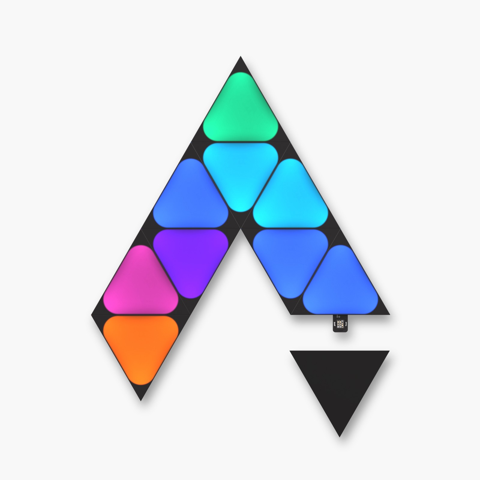 Nanoleaf Shapes Thread enabled color changing black mini triangle smart modular light panels. 10 pack. Has expansion packs and flex linker accessories. Similar to Philips Hue, Lifx. HomeKit, Google Assistant, Amazon Alexa, IFTTT.